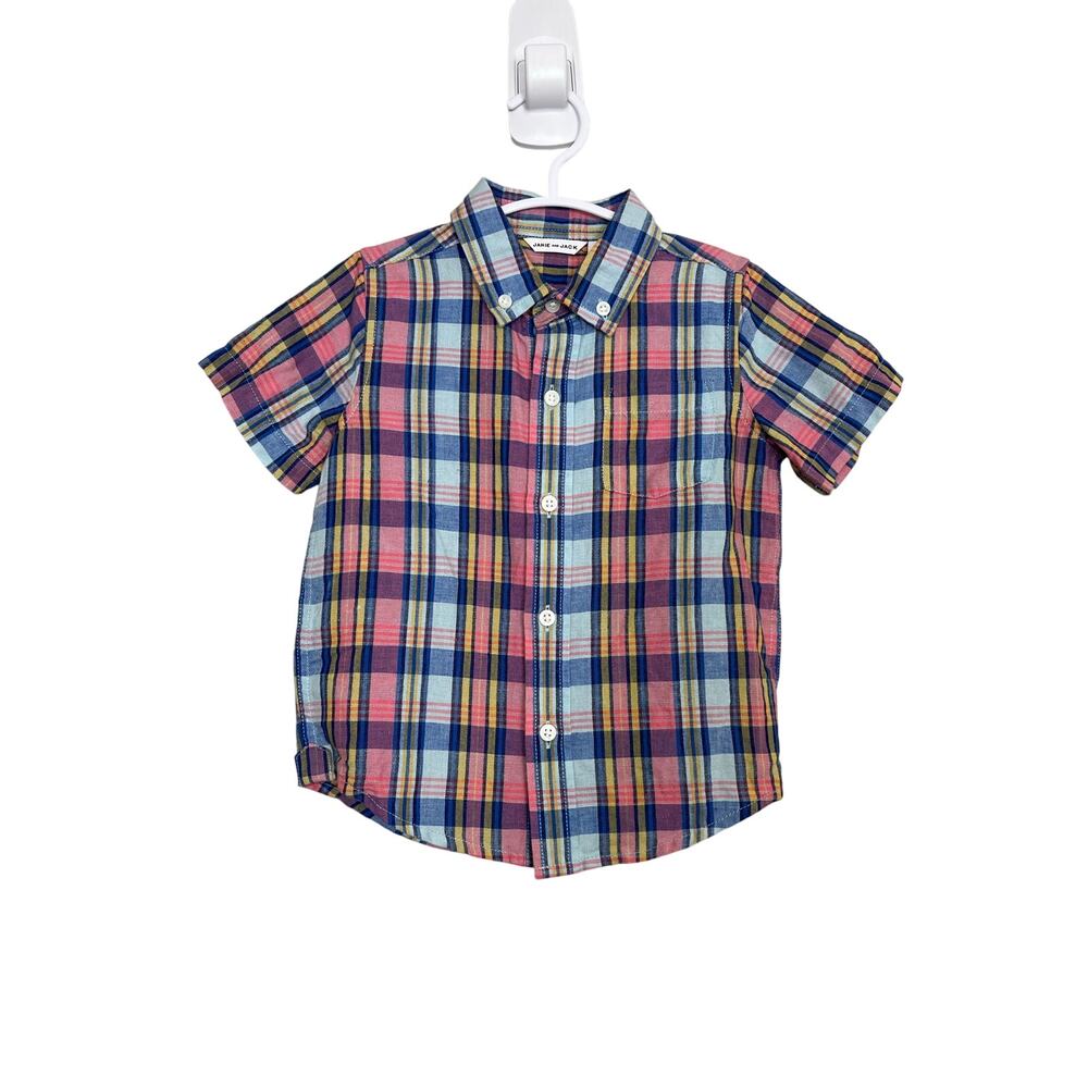NWT Janie and Jack Linen Blend Boys Plaid Short Sleeve Button Up Shirt Size 2T